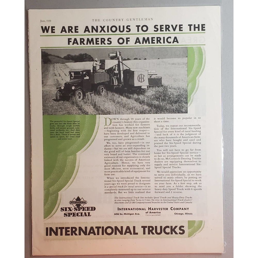 1930 International Farm Truck Magazine Advertisement Serving Farmers